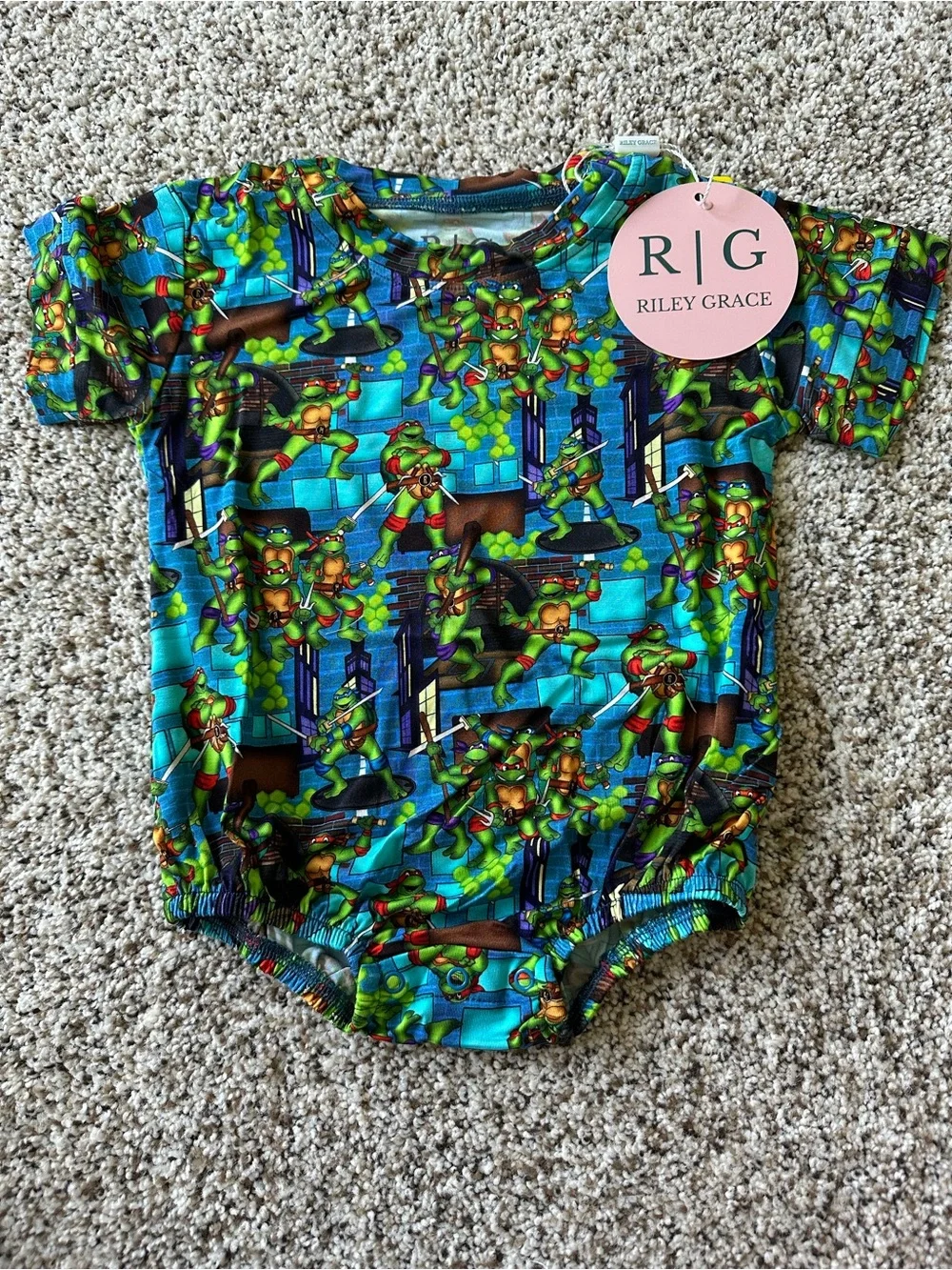 Vibrant Blue Green Ninja Turtle Print Kids One-Piece Bamboo Bodysuit